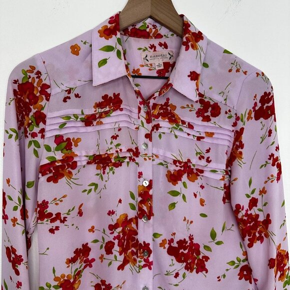 Nanette Lepore Button Up Blouse Women XS Lavender Floral Pin Tuck Long Sleeve - Picture 2 of 9